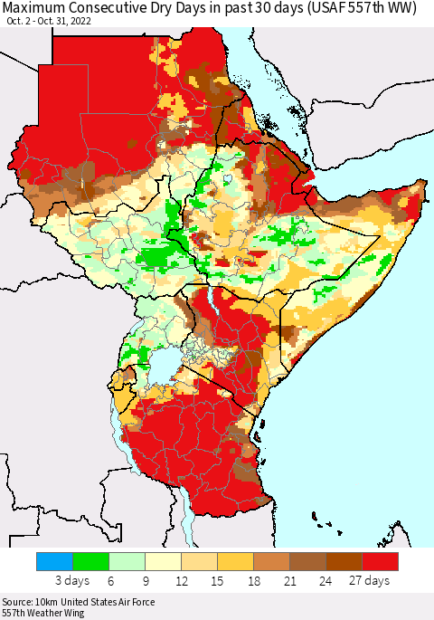 Eastern Africa Maximum Consecutive Dry Days in past 30 days (USAF 557th WW) 10/31/2022 Thematic Map For 10/26/2022 - 10/31/2022