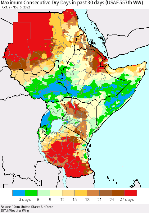 Eastern Africa Maximum Consecutive Dry Days in past 30 days (USAF 557th WW) 11/05/2022 Thematic Map For 11/1/2022 - 11/5/2022
