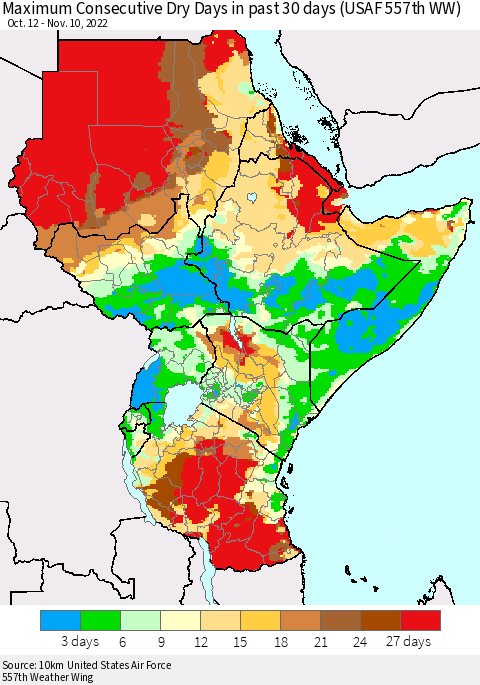 Eastern Africa Maximum Consecutive Dry Days in past 30 days (USAF 557th WW) 11/10/2022 Thematic Map For 11/6/2022 - 11/10/2022