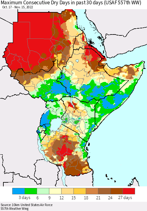 Eastern Africa Maximum Consecutive Dry Days in past 30 days (USAF 557th WW) 11/15/2022 Thematic Map For 11/11/2022 - 11/15/2022