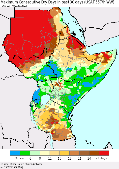 Eastern Africa Maximum Consecutive Dry Days in past 30 days (USAF 557th WW) 11/20/2022 Thematic Map For 11/16/2022 - 11/20/2022
