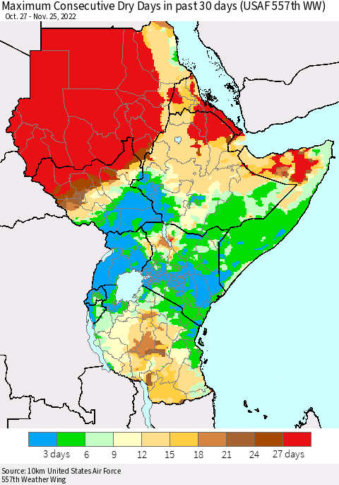 Eastern Africa Maximum Consecutive Dry Days in past 30 days (USAF 557th WW) 11/25/2022 Thematic Map For 11/21/2022 - 11/25/2022