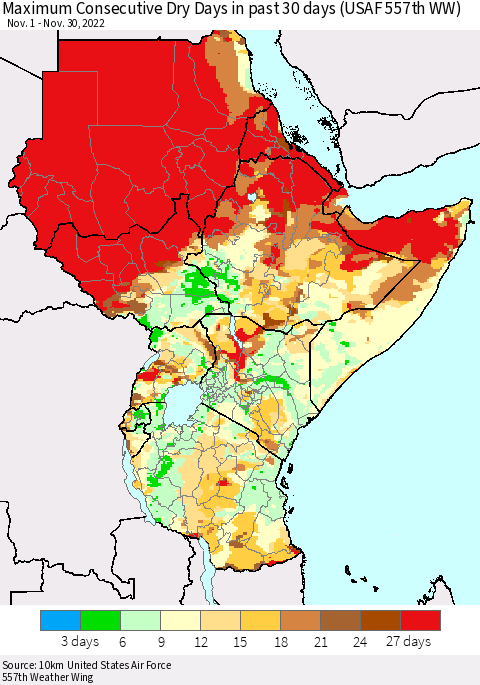Eastern Africa Maximum Consecutive Dry Days in past 30 days (USAF 557th WW) 11/30/2022 Thematic Map For 11/26/2022 - 11/30/2022