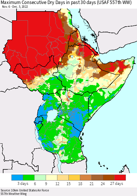 Eastern Africa Maximum Consecutive Dry Days in past 30 days (USAF 557th WW) 12/05/2022 Thematic Map For 12/1/2022 - 12/5/2022