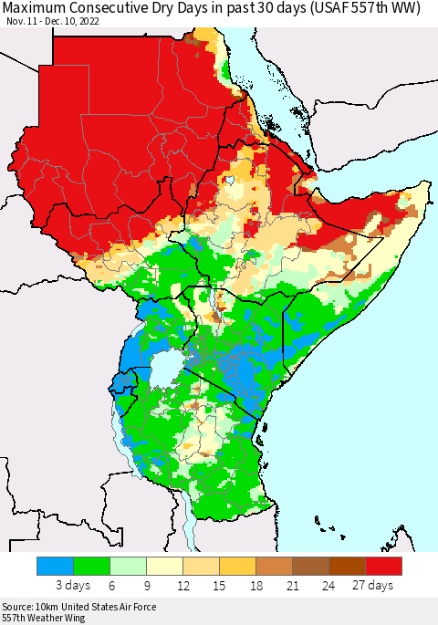 Eastern Africa Maximum Consecutive Dry Days in past 30 days (USAF 557th WW) 12/10/2022 Thematic Map For 12/6/2022 - 12/10/2022