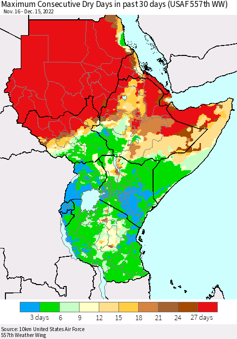 Eastern Africa Maximum Consecutive Dry Days in past 30 days (USAF 557th WW) 12/15/2022 Thematic Map For 12/11/2022 - 12/15/2022