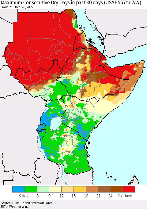 Eastern Africa Maximum Consecutive Dry Days in past 30 days (USAF 557th WW) 12/20/2022 Thematic Map For 12/16/2022 - 12/20/2022