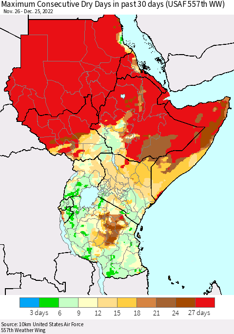 Eastern Africa Maximum Consecutive Dry Days in past 30 days (USAF 557th WW) 12/25/2022 Thematic Map For 12/21/2022 - 12/25/2022