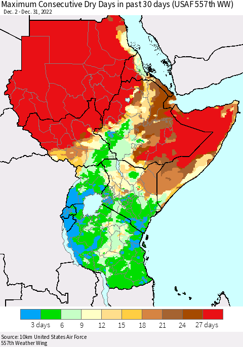Eastern Africa Maximum Consecutive Dry Days in past 30 days (USAF 557th WW) 12/31/2022 Thematic Map For 12/26/2022 - 12/31/2022
