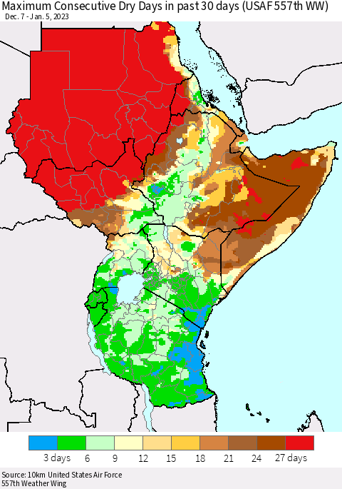 Eastern Africa Maximum Consecutive Dry Days in past 30 days (USAF 557th WW) 01/05/2023 Thematic Map For 1/1/2023 - 1/5/2023