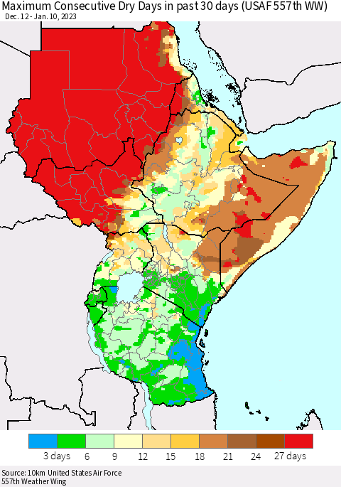 Eastern Africa Maximum Consecutive Dry Days in past 30 days (USAF 557th WW) 01/10/2023 Thematic Map For 1/6/2023 - 1/10/2023
