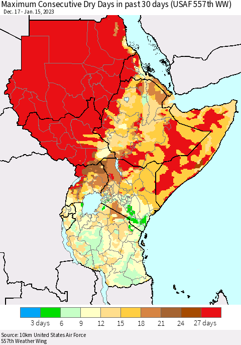 Eastern Africa Maximum Consecutive Dry Days in past 30 days (USAF 557th WW) 01/15/2023 Thematic Map For 1/11/2023 - 1/15/2023