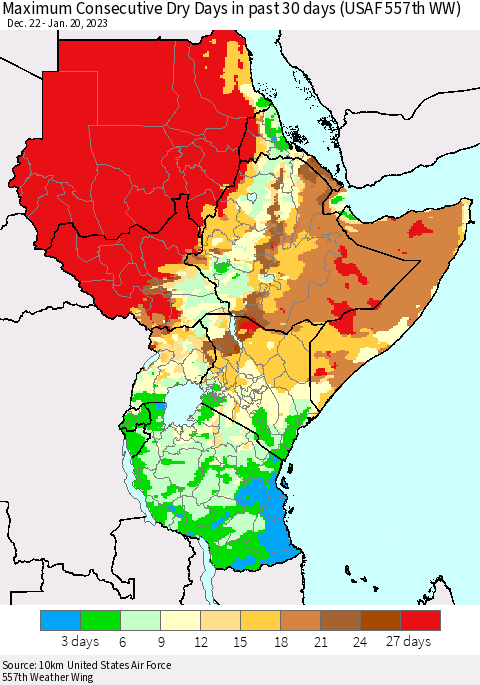 Eastern Africa Maximum Consecutive Dry Days in past 30 days (USAF 557th WW) 01/20/2023 Thematic Map For 1/16/2023 - 1/20/2023