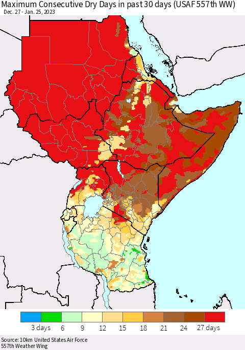 Eastern Africa Maximum Consecutive Dry Days in past 30 days (USAF 557th WW) 01/25/2023 Thematic Map For 1/21/2023 - 1/25/2023