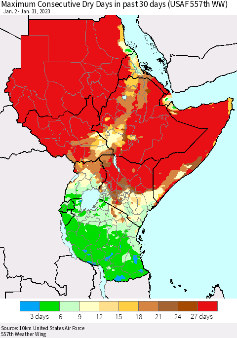 Eastern Africa Maximum Consecutive Dry Days in past 30 days (USAF 557th WW) 01/31/2023 Thematic Map For 1/26/2023 - 1/31/2023