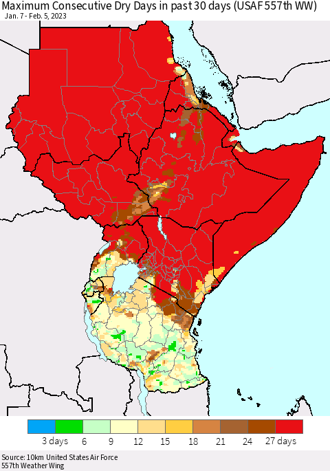 Eastern Africa Maximum Consecutive Dry Days in past 30 days (USAF 557th WW) 02/05/2023 Thematic Map For 2/1/2023 - 2/5/2023