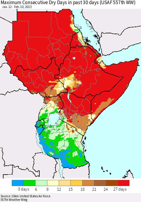 Eastern Africa Maximum Consecutive Dry Days in past 30 days (USAF 557th WW) 02/10/2023 Thematic Map For 2/6/2023 - 2/10/2023