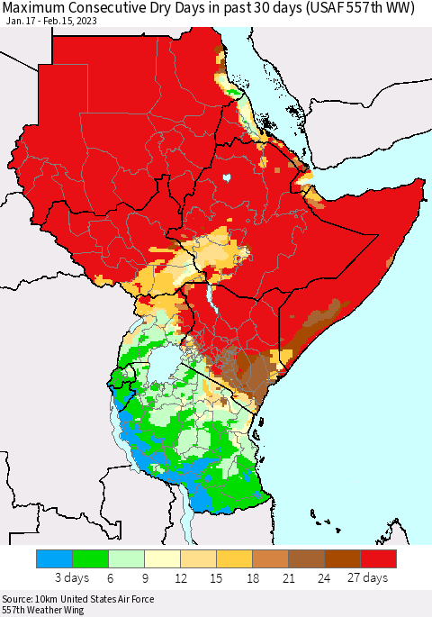 Eastern Africa Maximum Consecutive Dry Days in past 30 days (USAF 557th WW) 02/15/2023 Thematic Map For 2/11/2023 - 2/15/2023