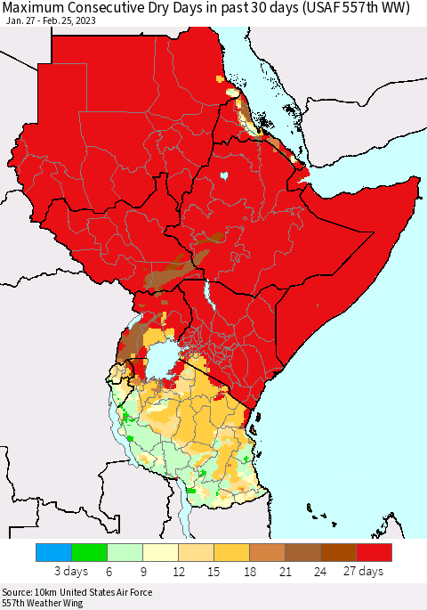 Eastern Africa Maximum Consecutive Dry Days in past 30 days (USAF 557th WW) 02/25/2023 Thematic Map For 2/21/2023 - 2/25/2023