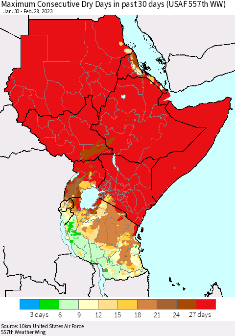 Eastern Africa Maximum Consecutive Dry Days in past 30 days (USAF 557th WW) 02/28/2023 Thematic Map For 2/26/2023 - 2/28/2023