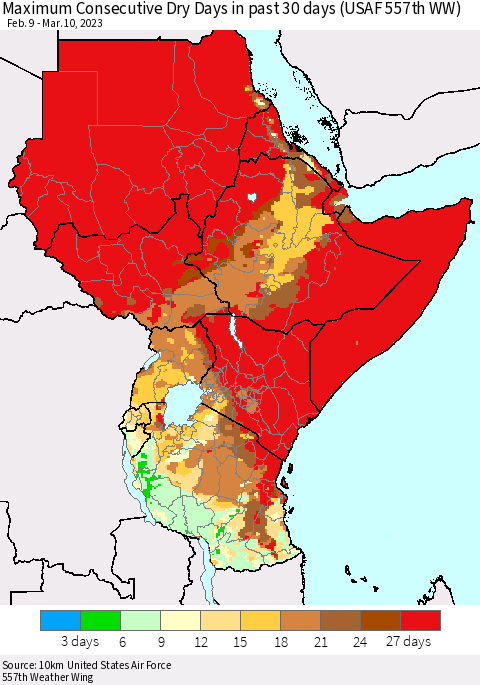 Eastern Africa Maximum Consecutive Dry Days in past 30 days (USAF 557th WW) 03/10/2023 Thematic Map For 3/6/2023 - 3/10/2023
