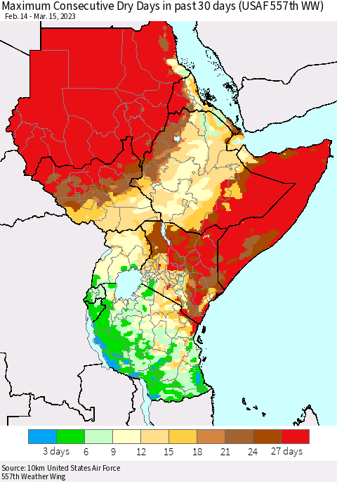Eastern Africa Maximum Consecutive Dry Days in past 30 days (USAF 557th WW) 03/15/2023 Thematic Map For 3/11/2023 - 3/15/2023
