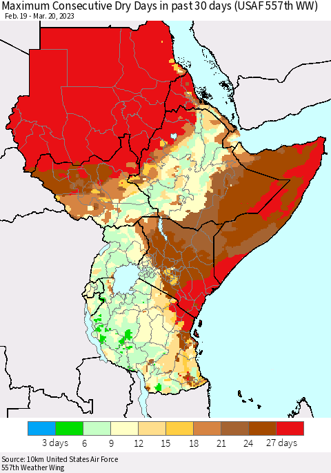 Eastern Africa Maximum Consecutive Dry Days in past 30 days (USAF 557th WW) 03/20/2023 Thematic Map For 3/16/2023 - 3/20/2023