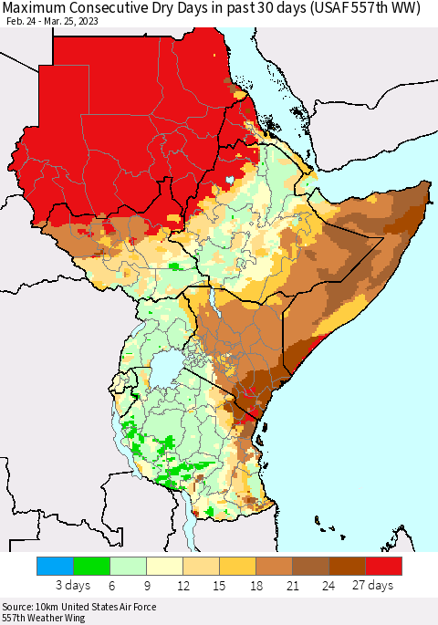 Eastern Africa Maximum Consecutive Dry Days in past 30 days (USAF 557th WW) 03/25/2023 Thematic Map For 3/21/2023 - 3/25/2023