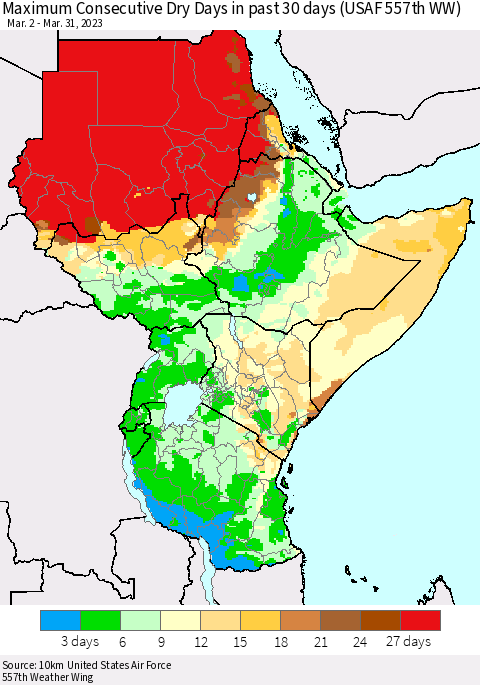 Eastern Africa Maximum Consecutive Dry Days in past 30 days (USAF 557th WW) 03/31/2023 Thematic Map For 3/26/2023 - 3/31/2023