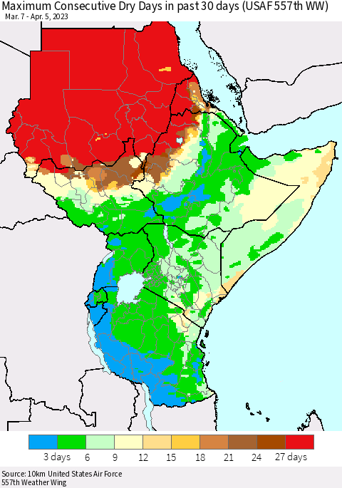 Eastern Africa Maximum Consecutive Dry Days in past 30 days (USAF 557th WW) 04/05/2023 Thematic Map For 4/1/2023 - 4/5/2023