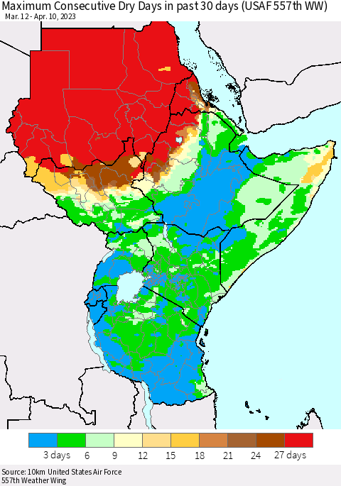 Eastern Africa Maximum Consecutive Dry Days in past 30 days (USAF 557th WW) 04/10/2023 Thematic Map For 4/6/2023 - 4/10/2023