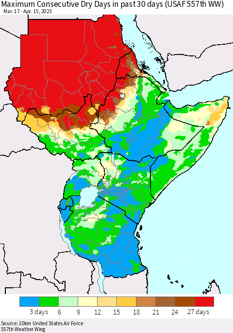 Eastern Africa Maximum Consecutive Dry Days in past 30 days (USAF 557th WW) 04/15/2023 Thematic Map For 4/11/2023 - 4/15/2023