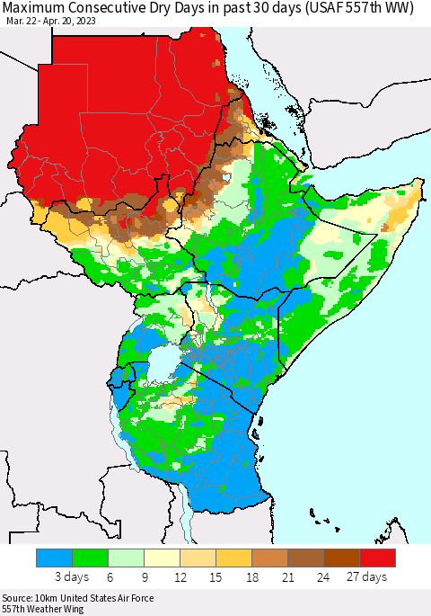 Eastern Africa Maximum Consecutive Dry Days in past 30 days (USAF 557th WW) 04/20/2023 Thematic Map For 4/16/2023 - 4/20/2023
