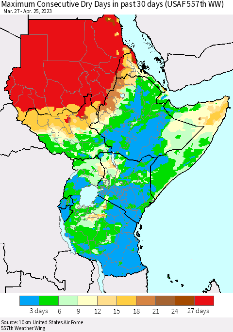 Eastern Africa Maximum Consecutive Dry Days in past 30 days (USAF 557th WW) 04/25/2023 Thematic Map For 4/21/2023 - 4/25/2023