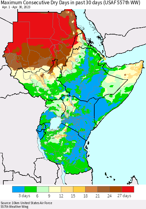 Eastern Africa Maximum Consecutive Dry Days in past 30 days (USAF 557th WW) 04/30/2023 Thematic Map For 4/26/2023 - 4/30/2023