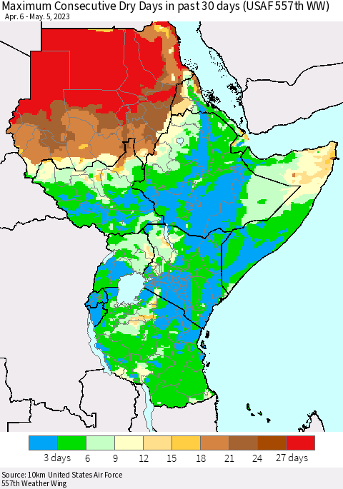 Eastern Africa Maximum Consecutive Dry Days in past 30 days (USAF 557th WW) 05/05/2023 Thematic Map For 5/1/2023 - 5/5/2023