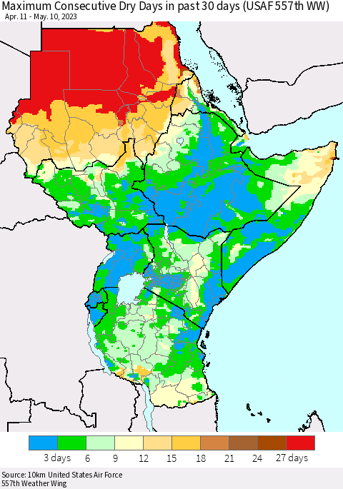 Eastern Africa Maximum Consecutive Dry Days in past 30 days (USAF 557th WW) 05/10/2023 Thematic Map For 5/6/2023 - 5/10/2023