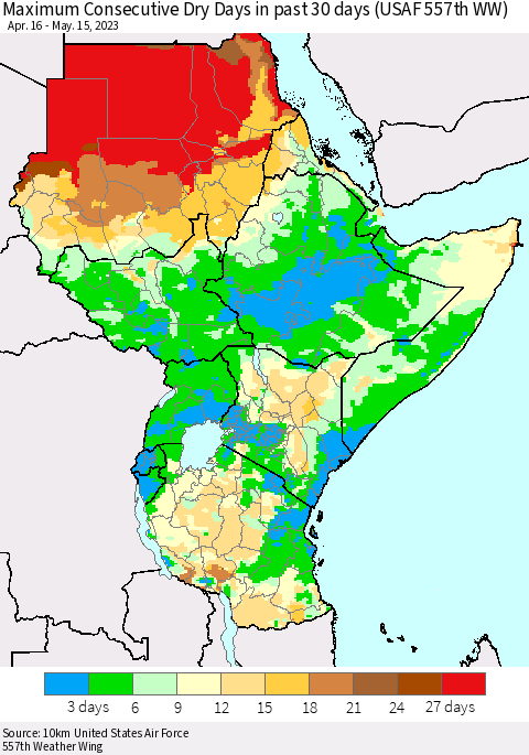 Eastern Africa Maximum Consecutive Dry Days in past 30 days (USAF 557th WW) 05/15/2023 Thematic Map For 5/11/2023 - 5/15/2023