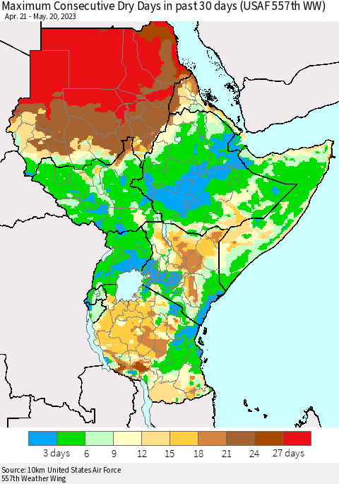 Eastern Africa Maximum Consecutive Dry Days in past 30 days (USAF 557th WW) 05/20/2023 Thematic Map For 5/16/2023 - 5/20/2023