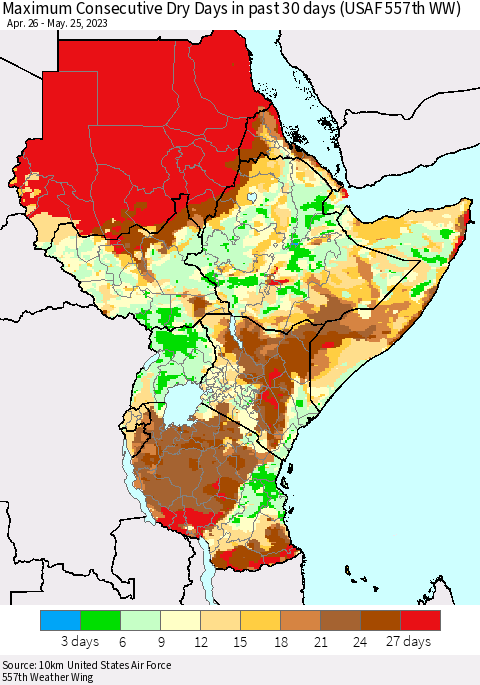 Eastern Africa Maximum Consecutive Dry Days in past 30 days (USAF 557th WW) 05/25/2023 Thematic Map For 5/21/2023 - 5/25/2023