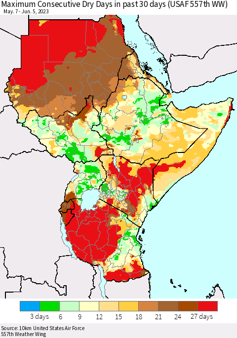 Eastern Africa Maximum Consecutive Dry Days in past 30 days (USAF 557th WW) 06/05/2023 Thematic Map For 6/1/2023 - 6/5/2023