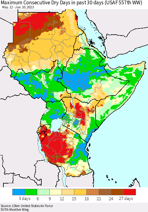 Eastern Africa Maximum Consecutive Dry Days in past 30 days (USAF 557th WW) 06/10/2023 Thematic Map For 6/6/2023 - 6/10/2023