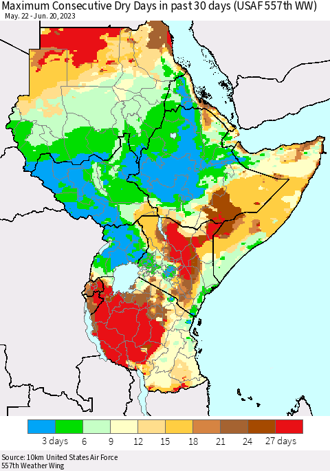 Eastern Africa Maximum Consecutive Dry Days in past 30 days (USAF 557th WW) 06/20/2023 Thematic Map For 6/16/2023 - 6/20/2023