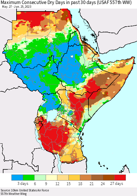 Eastern Africa Maximum Consecutive Dry Days in past 30 days (USAF 557th WW) 06/25/2023 Thematic Map For 6/21/2023 - 6/25/2023