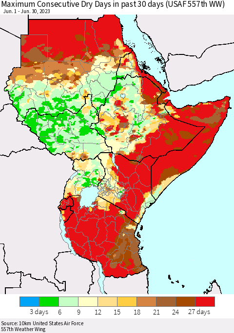 Eastern Africa Maximum Consecutive Dry Days in past 30 days (USAF 557th WW) 06/30/2023 Thematic Map For 6/26/2023 - 6/30/2023