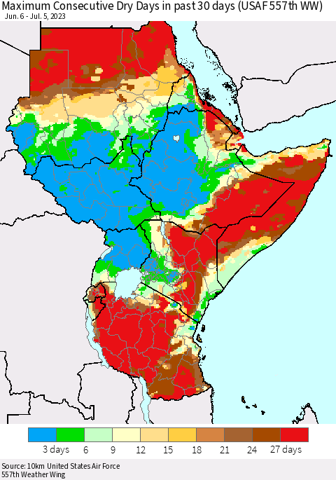 Eastern Africa Maximum Consecutive Dry Days in past 30 days (USAF 557th WW) 07/05/2023 Thematic Map For 7/1/2023 - 7/5/2023