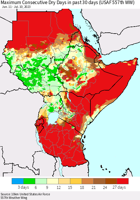 Eastern Africa Maximum Consecutive Dry Days in past 30 days (USAF 557th WW) 07/10/2023 Thematic Map For 7/6/2023 - 7/10/2023
