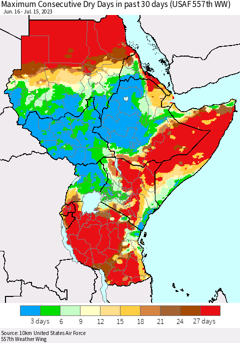 Eastern Africa Maximum Consecutive Dry Days in past 30 days (USAF 557th WW) 07/15/2023 Thematic Map For 7/11/2023 - 7/15/2023
