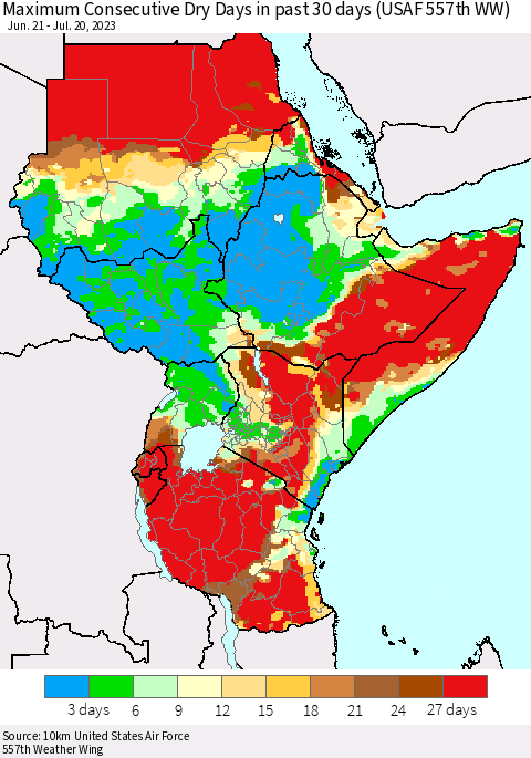 Eastern Africa Maximum Consecutive Dry Days in past 30 days (USAF 557th WW) 07/20/2023 Thematic Map For 7/16/2023 - 7/20/2023