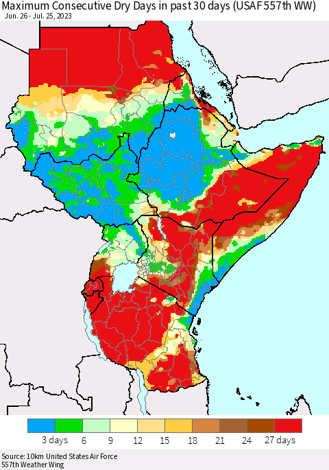 Eastern Africa Maximum Consecutive Dry Days in past 30 days (USAF 557th WW) 07/25/2023 Thematic Map For 7/21/2023 - 7/25/2023